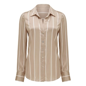 Forever New Harvey Striped Shirt in beige with white vertical stripes, collared neckline, button fastening, and curved hemline