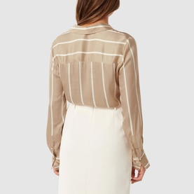 Model wearing Forever New Harvey Striped Shirt in beige with white stripes, collared neckline, button fastening, long sleeves