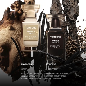 Tom Ford Vanilla Sex and Vanille Fatale Eau de Parfum bottles styled with vanilla pods, coffee beans, and wood bark ingredients