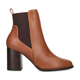 Carvela Toodle Heeled Chelsea Boots in beige synthetic leather, dark elasticated side panel, block heel, almond toe, pull-tab at heel