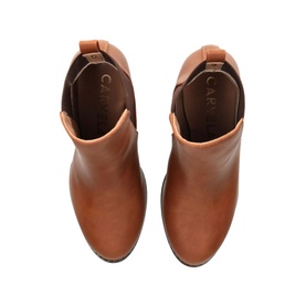 Carvela Toodle Heeled Chelsea Boots in beige synthetic leather, top-down view showing pull-tab, elasticated panel and logo insole