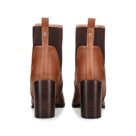 Carvela Toodle Heeled Chelsea Boots in beige, rear view showing block heel, pull-tab, elasticated panel and logo hardware