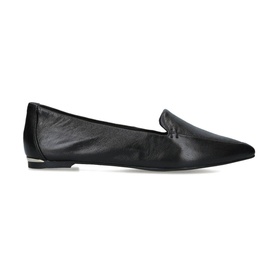 Carvela Landed 2 Flats in black leather with pointed toe, slip-on style, low vamp, and silver heel detail