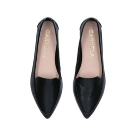 Carvela Landed 2 Flats in black leather, pointed toe, slip-on style with low vamp and logo detail, overhead view
