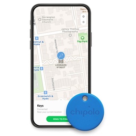 Chipolo ONE Bluetooth Item Finder in blue, shown alongside a smartphone displaying the Chipolo tracking app map interface