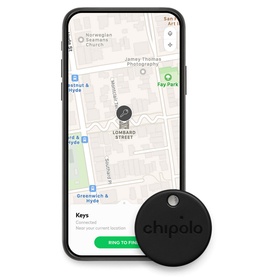 Chipolo ONE Bluetooth Item Finder in black, disc-shaped tracker shown alongside a smartphone displaying the Chipolo tracking app map interface