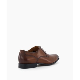 Dune Southwark Smart Lace-Up Shoes in brown leather, round toe, flat heel, black rubber sole, rear three-quarter view