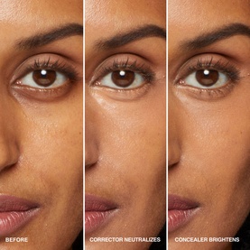Model with Bobbi Brown Skin Corrector Stick in Dark Bisque; three-panel before, corrector neutralises