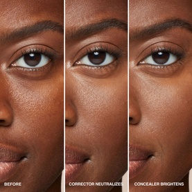 Bobbi Brown Skin Corrector Stick in Very Deep Bisque: three-panel before, corrector neutralises, and concealer brightens under-eye comparison