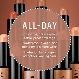 Bobbi Brown Skin Corrector Stick concealers displayed in multiple shades, highlighting all-day waterproof, crease-proof coverage claims