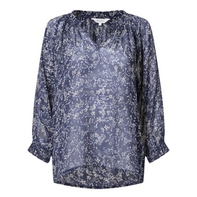 Part Two Elsia Floral Relaxed Fit Blouse in navy, featuring all-over floral print, open placket neckline and flared cuffs