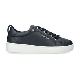 Carvela Joyful 2 Lace-Up Trainers in blue synthetic leather, gold-tone hardware, jewel stud detail, white flatform sole