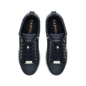 Carvela Joyful 2 Lace-Up Trainers in blue, overhead view showing gold-tone hardware, jewel studs, lace-up front and white sole