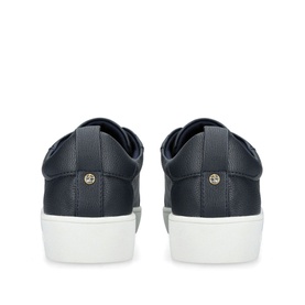 Carvela Joyful 2 Lace-Up Trainers in blue synthetic leather, rear view showing gold-tone logo studs and white flatform sole