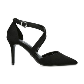 Carvela Kross Court Heels in black fabric, pointed toe, crossover ankle straps with silver buckle fastening, stiletto heel