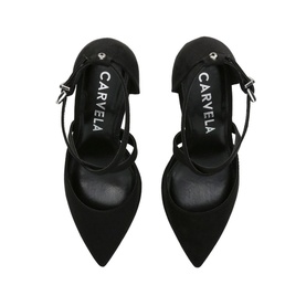 Carvela Kross Court Heels in black fabric, pointed toe, crossover ankle straps with silver buckle fastening, overhead view