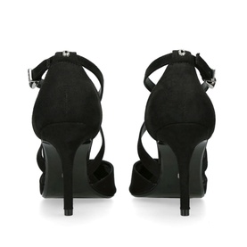 Carvela Kross Court Heels in black suede-effect fabric, rear view showing crossover straps, adjustable buckle fastening and stiletto heel
