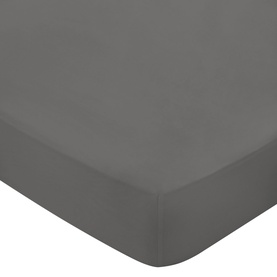Belfast Fine Linens Cotton Sateen Fitted Sheet in Charcoal, shown fitted on a mattress corner, smooth wrinkle-free finish