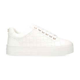 Carvela Checker Flatform Trainers in white with woven faux croc effect, rose gold lace hardware, and chunky flatform sole