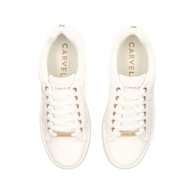 Carvela Checker Flatform Trainers in white faux croc effect, gold logo hardware, lace-up fastening, overhead view showing both shoes