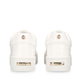Carvela Checker Flatform Trainers in white faux croc, showing gold logo hardware detail at heel, flatform sole, low-top profile
