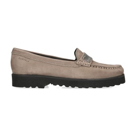 Carvela Comfort Essence Embellished Loafers in brown suede with gunmetal stud strap, embossed logo, tonal stitching, and contrast black chunky sole