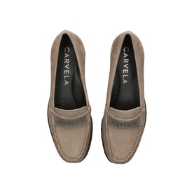 Carvela Comfort Essence Embellished Loafers in brown suede, overhead view showing gunmetal stud-embellished strap and contrast sole