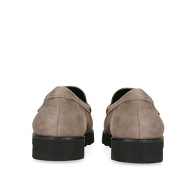 Carvela Comfort Essence Embellished Loafers in brown suede, rear view showing contrast black sole and slip-on silhouette
