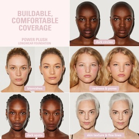 Kylie by Kylie Jenner Power Plush Longwear Foundation shade range shown on six models with varying skin tones, highlighting buildable coverage