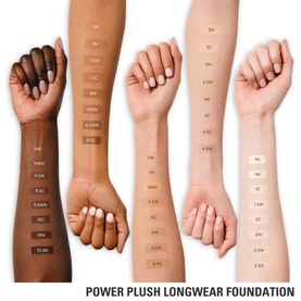 KYLIE BY KYLIE JENNER Power Plush Longwear Foundation shade range shown across multiple arm swatches from deep to fair skin tones
