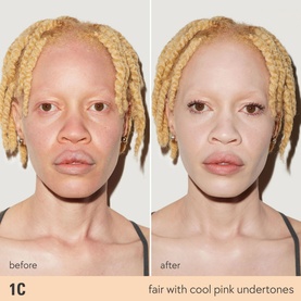 KYLIE BY KYLIE JENNER Power Plush Longwear Foundation shade 1C before and after comparison showing coverage on fair skin with cool pink undertones