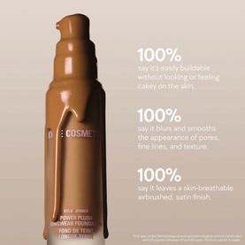 KYLIE BY KYLIE JENNER Power Plush Longwear Foundation in deep shade, pump bottle, with 100% claim callouts on buildable satin finish