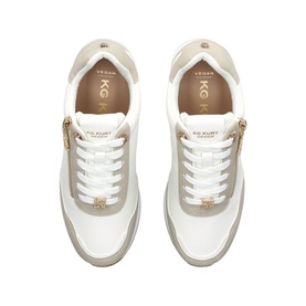 KG by Kurt Geiger Lina Side-Zip Lace-Up Trainers in brown and white, overhead view showing gold-tone zip, lace-up front and logo detail