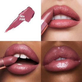 Charlotte Tilbury K.I.S.S.I.N.G. Lipstick in Icon Baby, a muted pink-mauve shade, shown as bullet swatch and on two models' lips