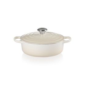 Le Creuset Signature Cast Iron Sauteuse 24cm in white with two side handles and stainless steel lid knob
