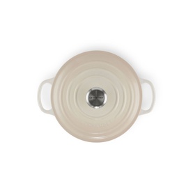 Le Creuset Signature Cast Iron Sauteuse 24cm in white, overhead view showing stainless steel lid knob and twin handles