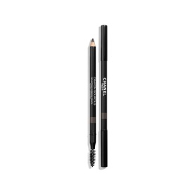 CHANEL Crayon Sourcils Sculpting Eyebrow Pencil, dark brown pencil with spoolie brush end, shown capped and uncapped