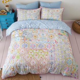 Appletree Casablanca Duvet Set Multi, 100% cotton bedding with pastel geometric tile print in pink, blue, yellow and green