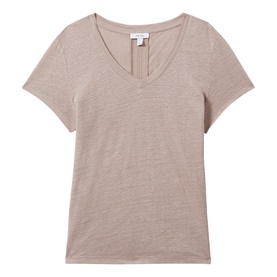 Reiss Lottie Marled Solid T-Shirt in pink, lightweight linen with V-neckline, contrast panel detail, split hemline and short sleeves