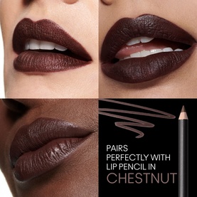 MAC MACximal Silky Matte Lipstick in Bare Macximal shown on three lip swatches, paired with Chestnut lip pencil