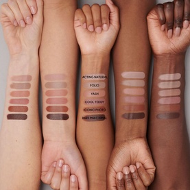 MAC MACximal Silky Matte Lipstick shade swatches on six arm skintones, showing Bare Macximal and five nude shades