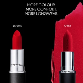 MAC MACximal Silky Matte Lipstick in red, before and after comparison showing bullet and swatch on dark background