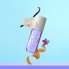 Sol De Janeiro Cheirosa 59 Perfume Mist in purple bottle, styled with vanilla pod, white orchid and violet flower accents