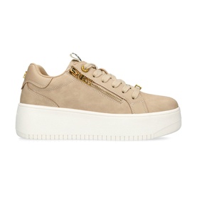 KG by Kurt Geiger Leslie Zip Lace-Up Trainers in brown fabric with gold-tone hardware, side zip, chunky white platform sole