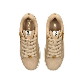 KG by Kurt Geiger Leslie Zip Lace-Up Trainers in brown suede-effect, gold-tone hardware and branded eyelets, white chunky sole, overhead view
