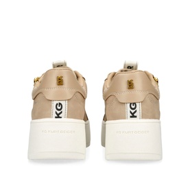 KG by Kurt Geiger Leslie Zip Lace-Up Trainers in brown, rear view showing gold-tone hardware, branded zip tab and chunky cream platform sole