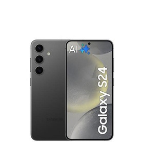 Samsung Galaxy S24 128GB smartphone in Black, triple rear camera, AI feature displayed on screen, front and back view shown