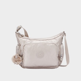 Kipling Gabb Small Crossbody Bag in gold metallic polyamide, silver-tone zips, front zip pocket, adjustable strap, signature monkey keychain