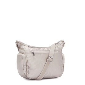 Kipling Gabb Small Crossbody Bag in gold polyamide, silver-tone zips, zipped front pocket, two side pockets, adjustable crossbody strap