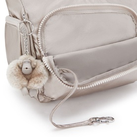 Kipling Gabb Small Crossbody Bag in Gold polyamide, close-up of silver zip and signature monkey keychain detail